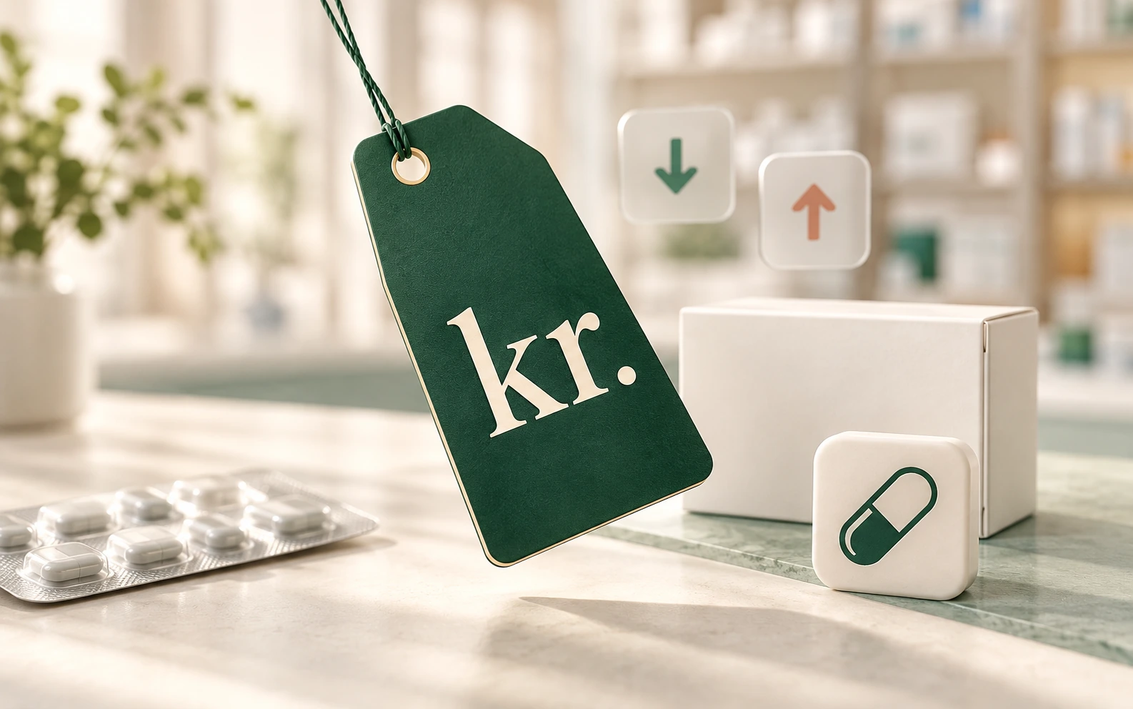 AI-illustration til ApoPriser: grønt kr.-prismærke med kapselsymbol og medicinemballage