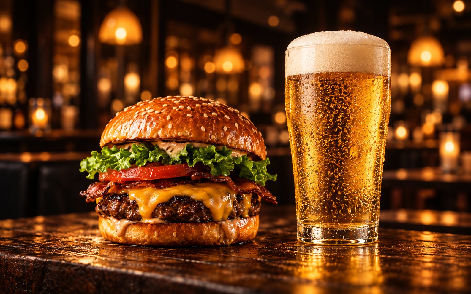 AI-illustration til guph: burger og skummende fadøl i varm barstemning