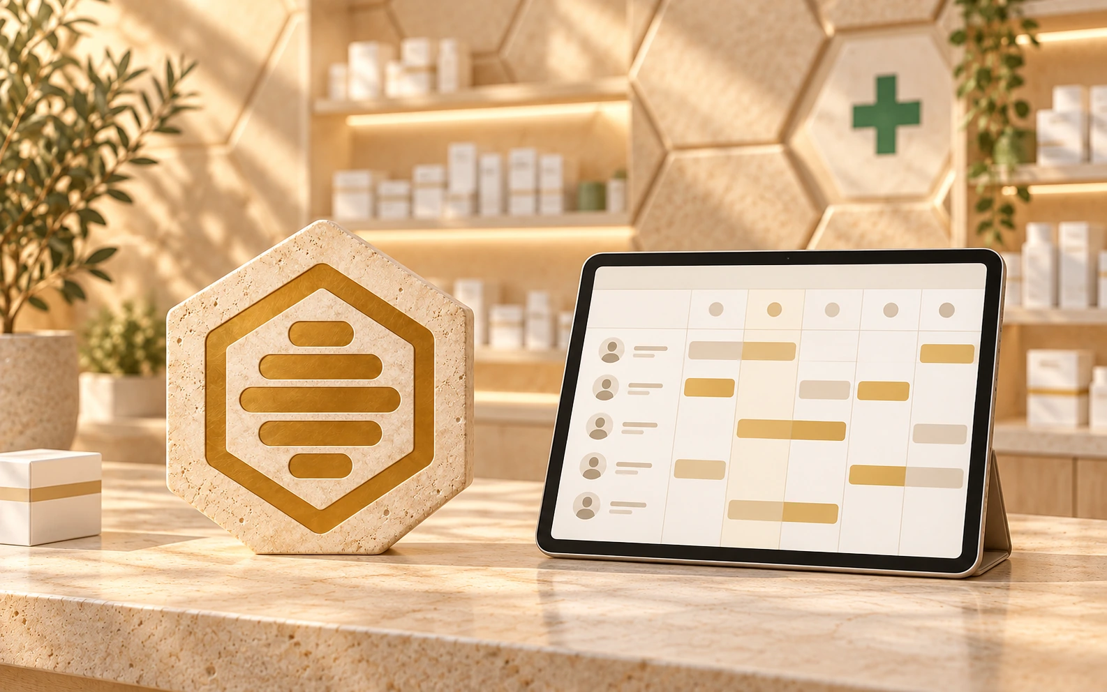 AI-illustration til ApoHive: gyldent bikubesymbol og tablet med personaleplanlægning på et beige apotek