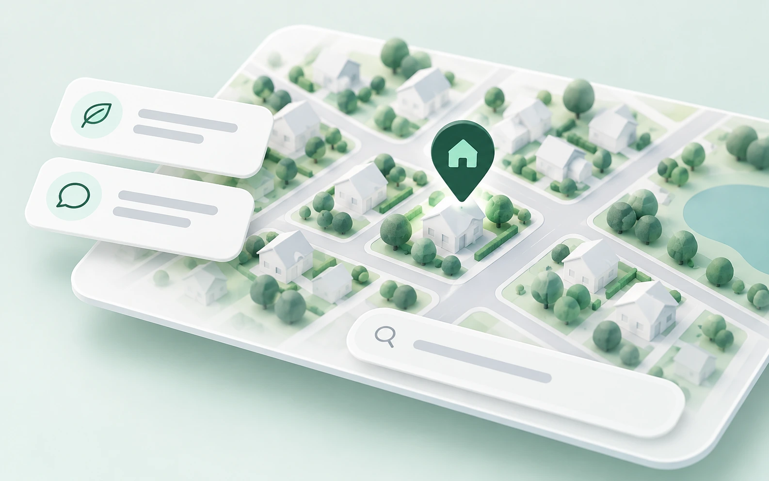 AI-illustration til NaboIndex: grønt hus-symbol over et lyst boligkort med informationsfelter