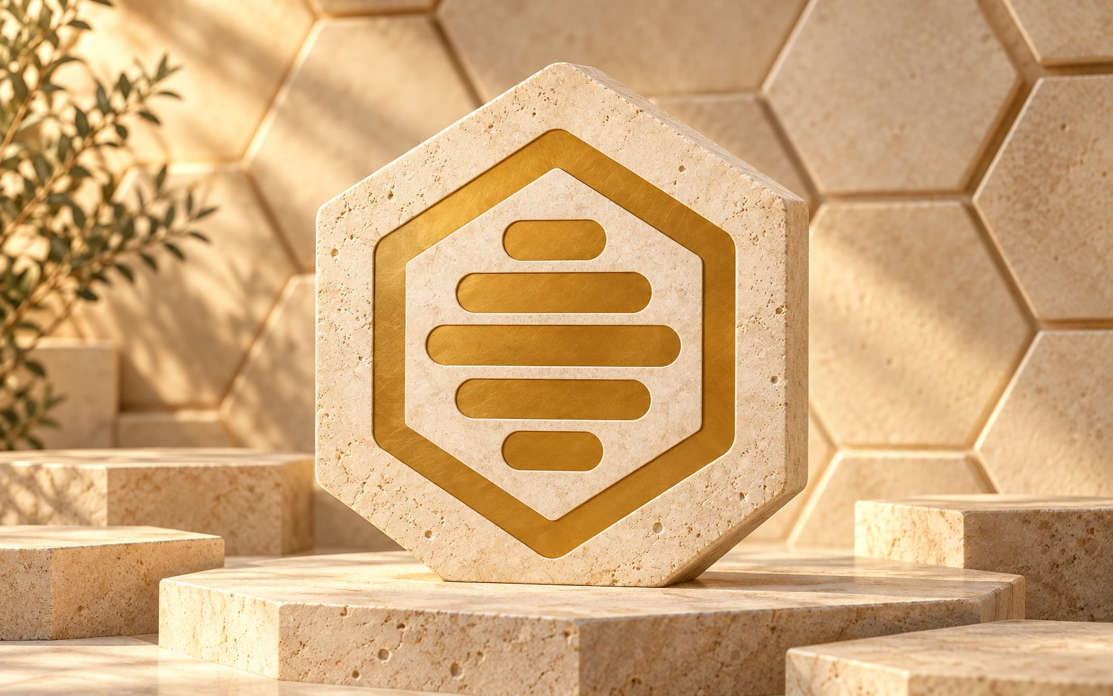 AI-illustration til ApoHive: gyldent bikubesymbol i beige sten med hexagoner