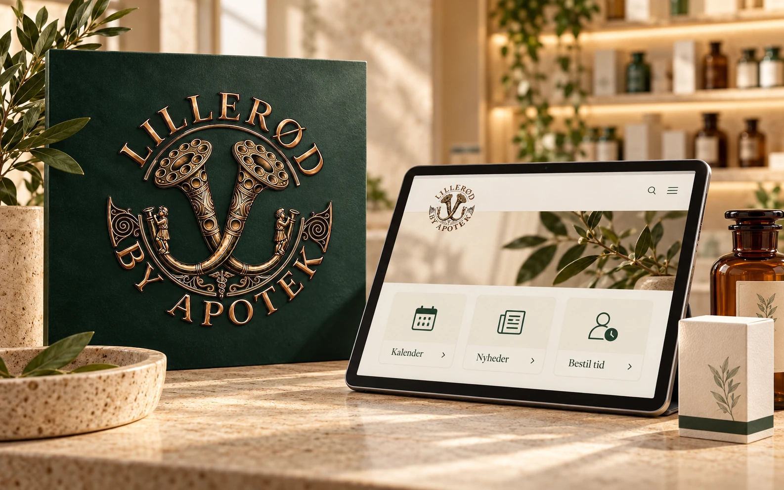 AI-konceptillustration til Lillerød By Apotek: bronzefarvet logo og tablet med kalender, nyheder og tidsbestilling i et beige apoteksmiljø