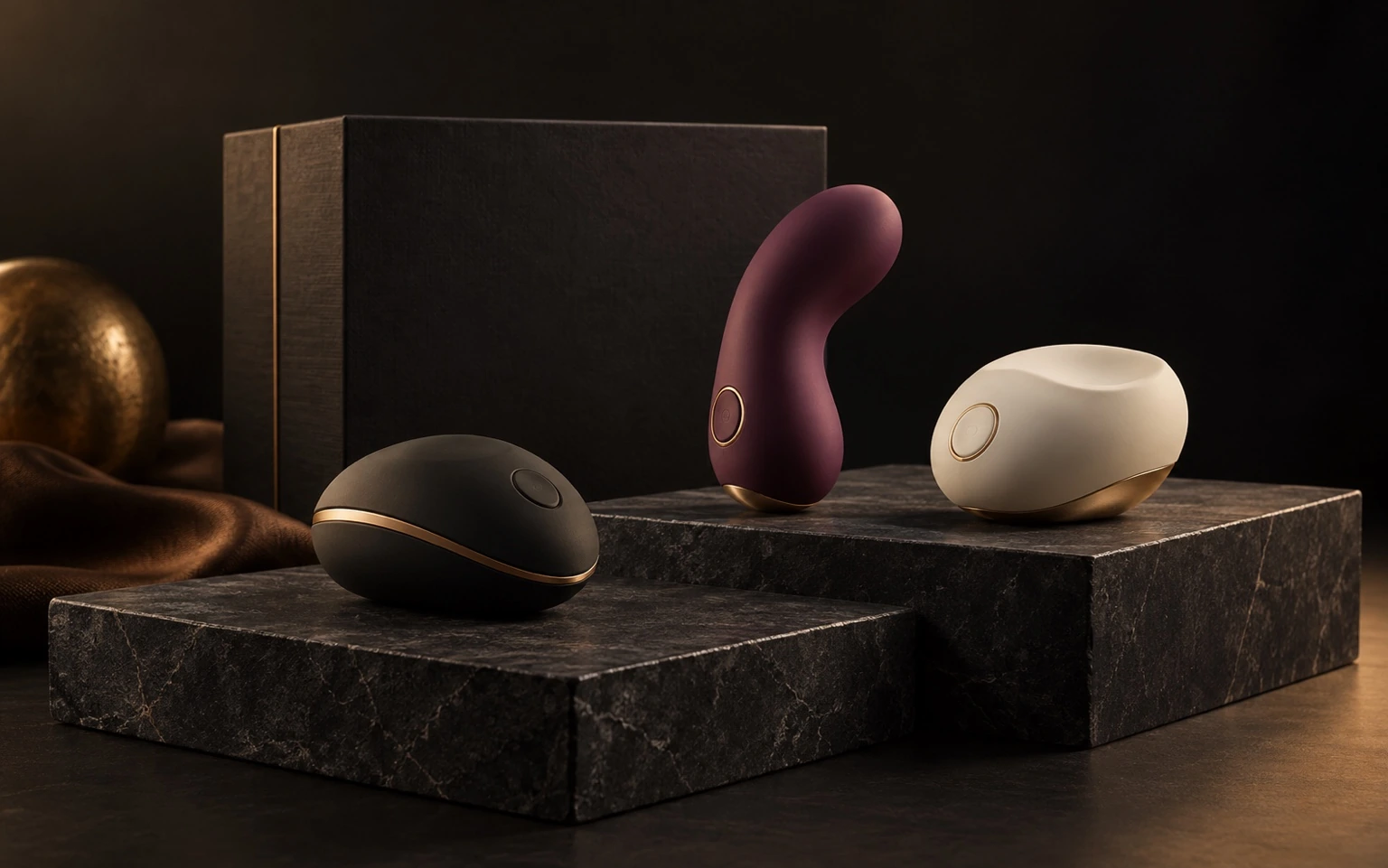 AI-illustration til Begær: tre premiumprodukter i sort, bordeaux og creme på mørke podier