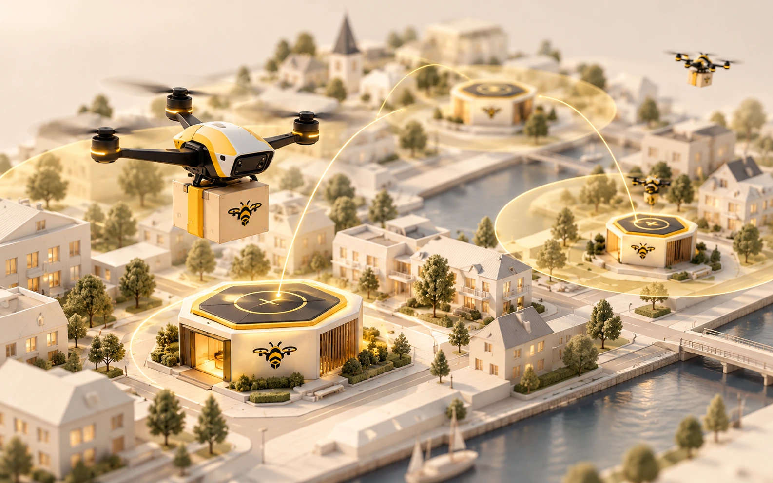 AI-konceptillustration til BeeDrop: leveringsdroner og Hives forbundet over et lyst bykort