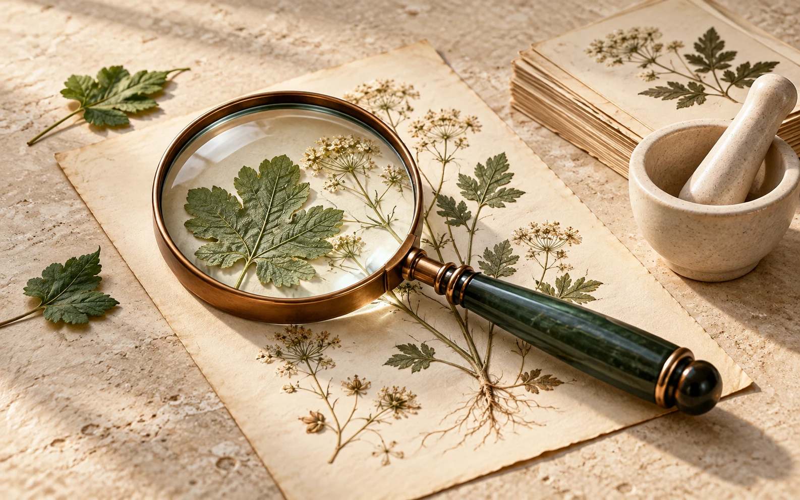 AI-konceptillustration til Kvaksalveri: forstørrelsesglas over botaniske illustrationer med en lys morter